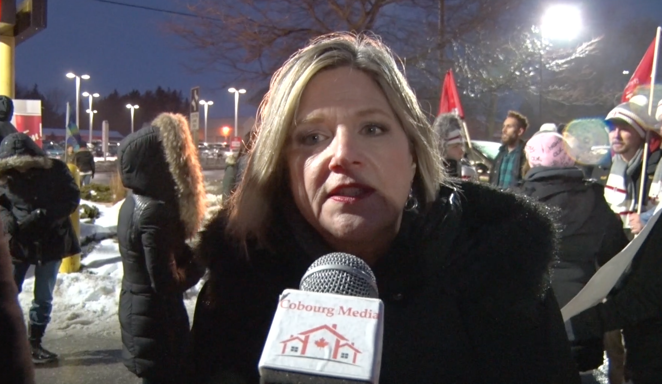 Protest at Cobourg Tim Hortons against Minimum Wage Hike Cut Benefits.